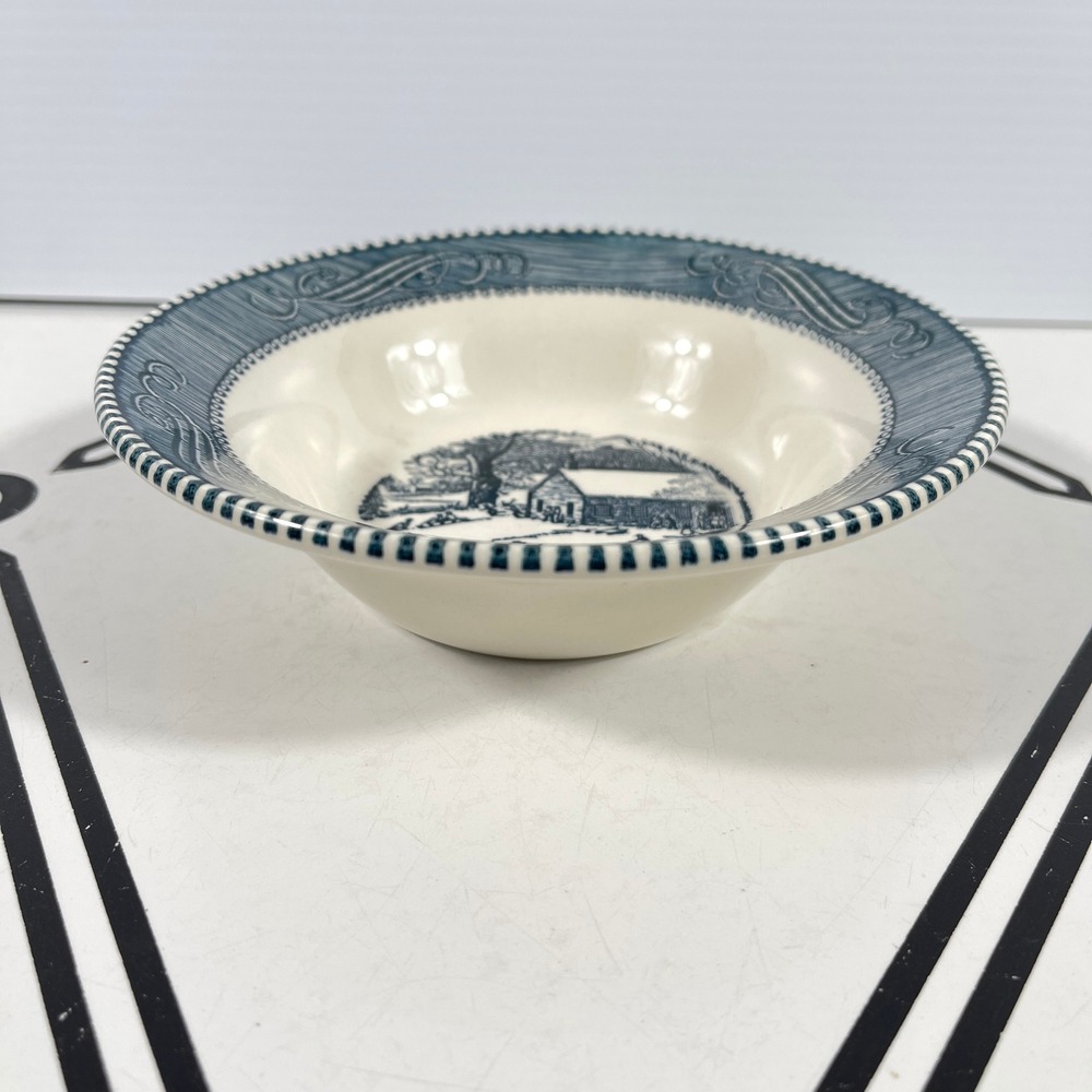 Vintage USA Blue Royal China‎ Currier & Ives Schoolhouse Winter bowl 6 Inch